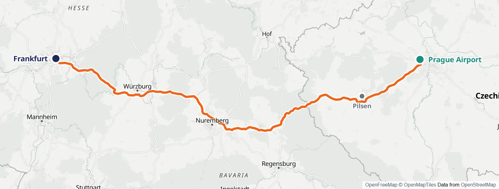Mappa del percorso: Prague Airport – Pilsen – Frankfurt