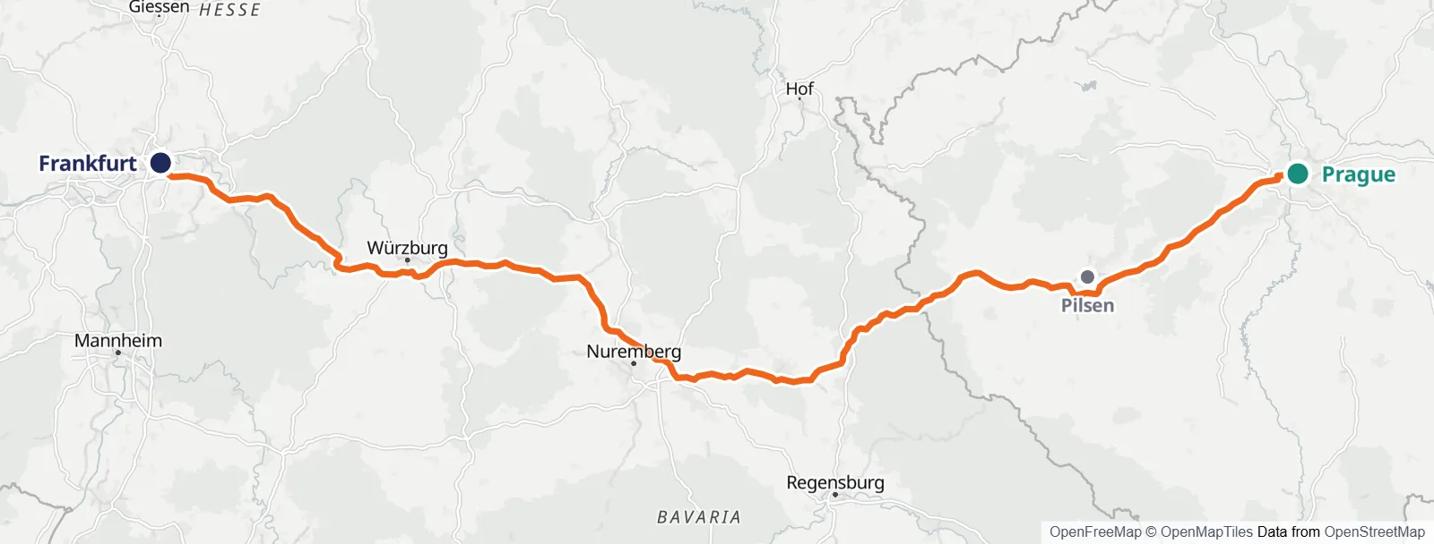 Mappa del percorso: Prague – Pilsen – Frankfurt