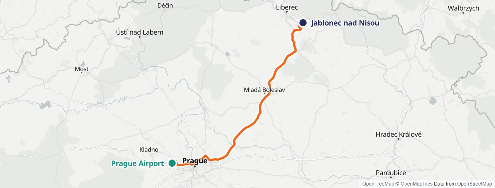 Mappa del percorso: Prague Airport – Jablonec nad Nisou