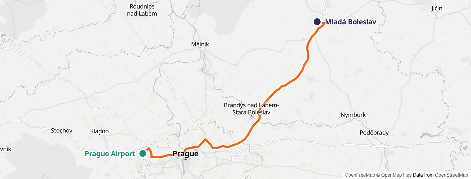 Mappa del percorso: Prague Airport – Mladá Boleslav